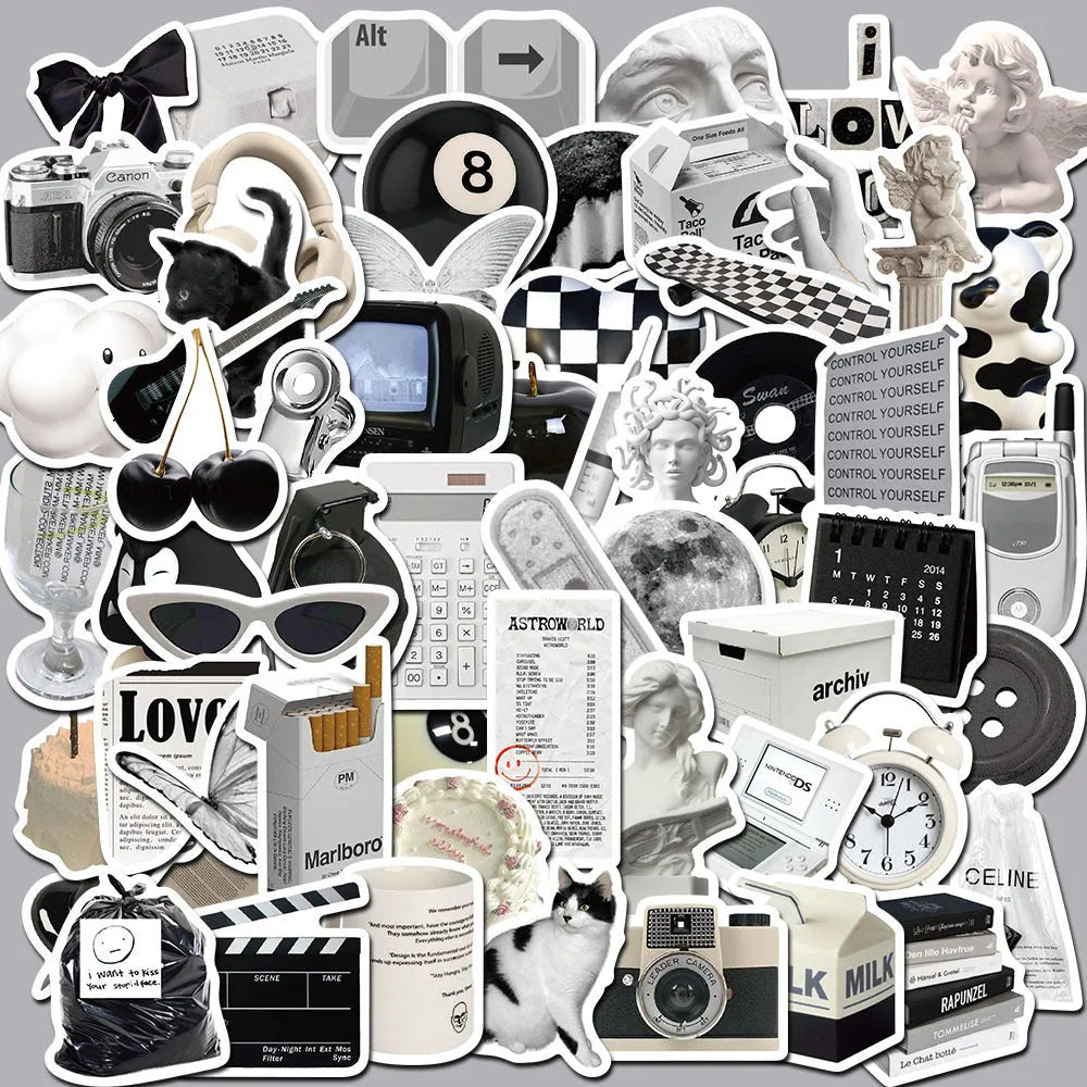 61 black and white PVC waterproof vinyl stickers for laptops, phones, and luggage.