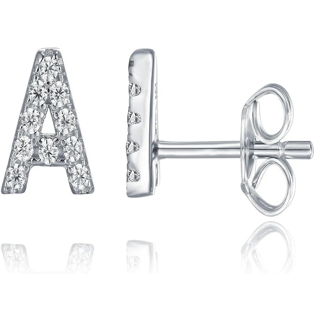 Gold plated alphabet letter earrings on a white background showing the full A-Z set with zircon detail.