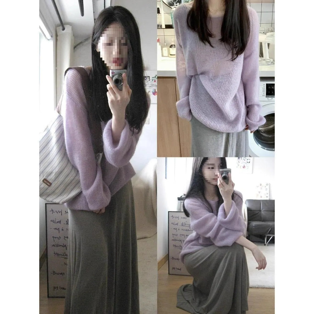Purple women's blouse with princess sleeves and shoulder strap design in lightweight ice silk fabric