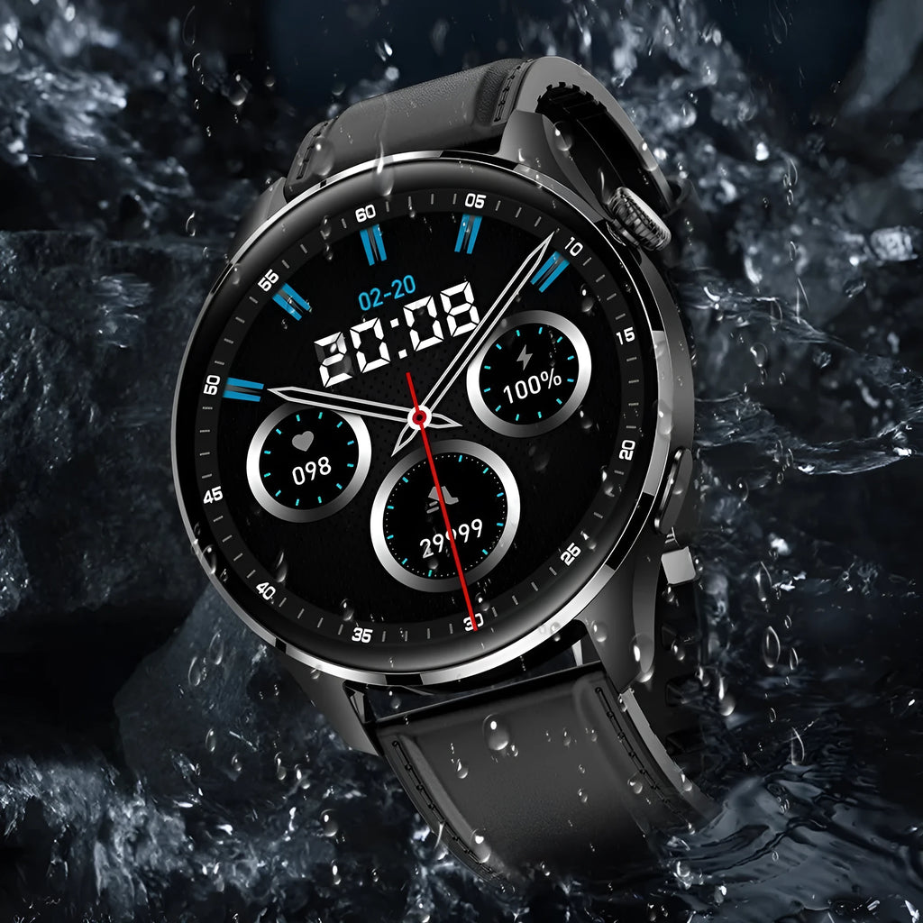 Black Bluetooth smart watch with round colour touch screen on a silicone strap