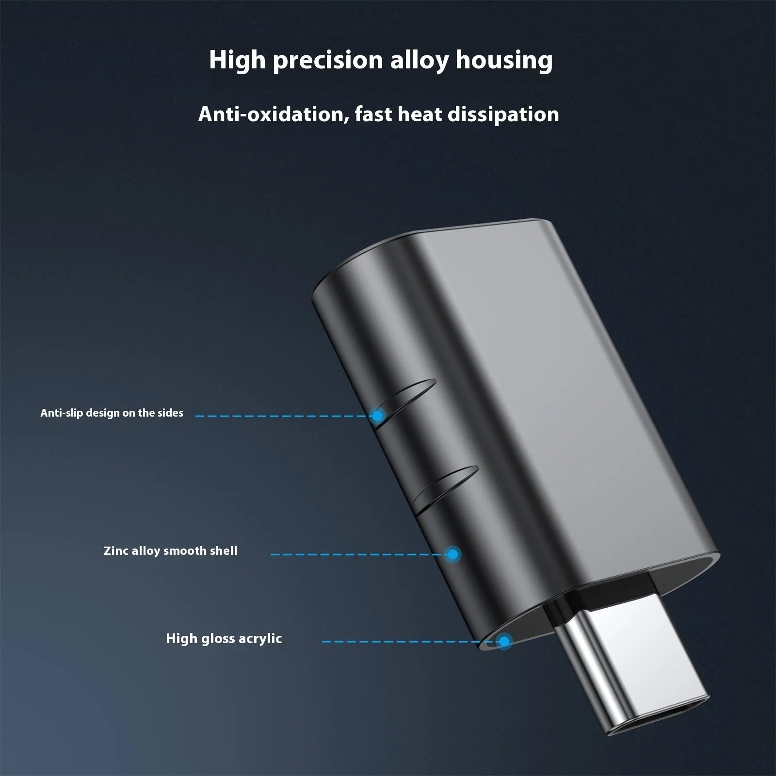 USB C male to USB A female adapter converter with metallic zinc alloy shell.