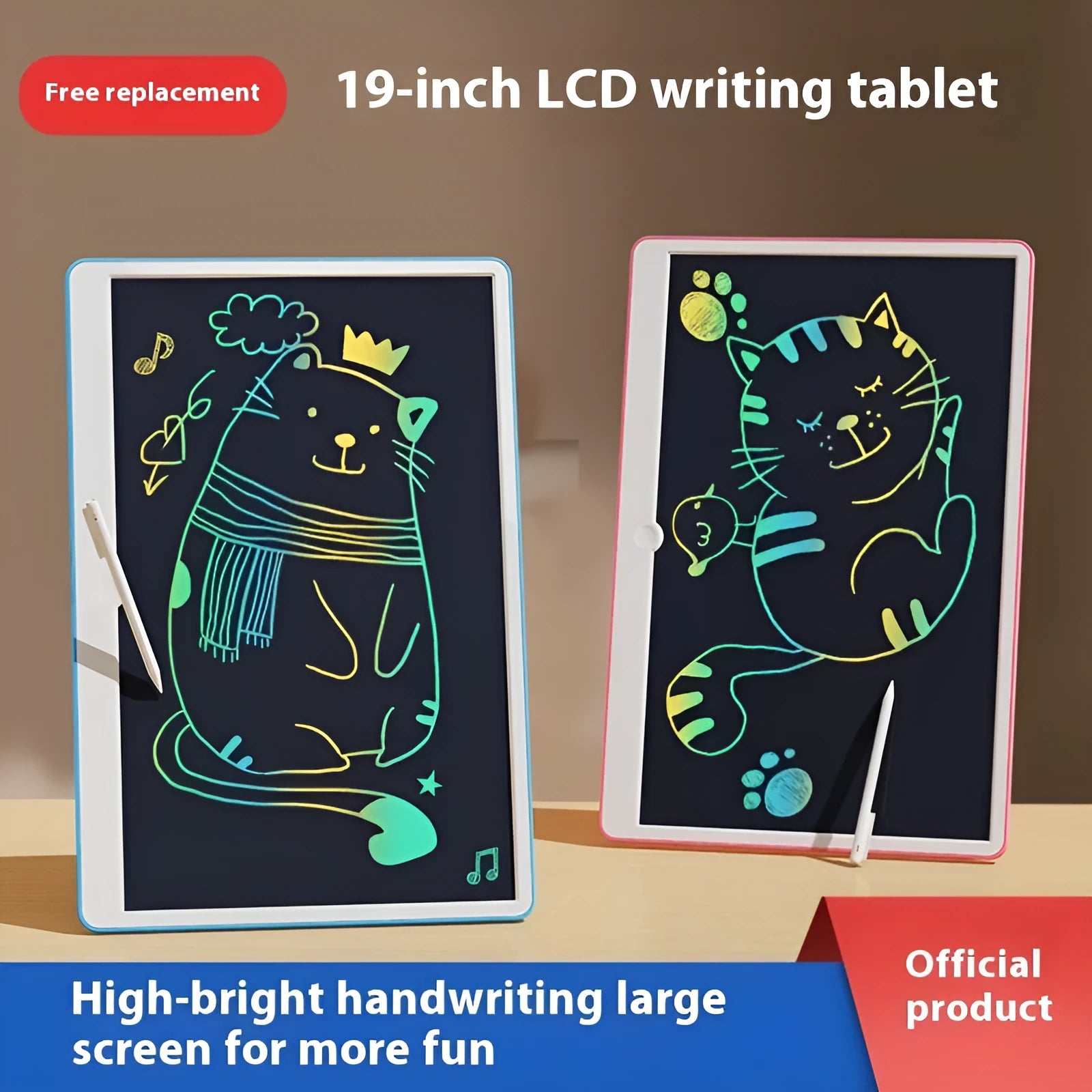 19-inch rechargeable LCD children's drawing board shown in blue and white colour scheme on a table.