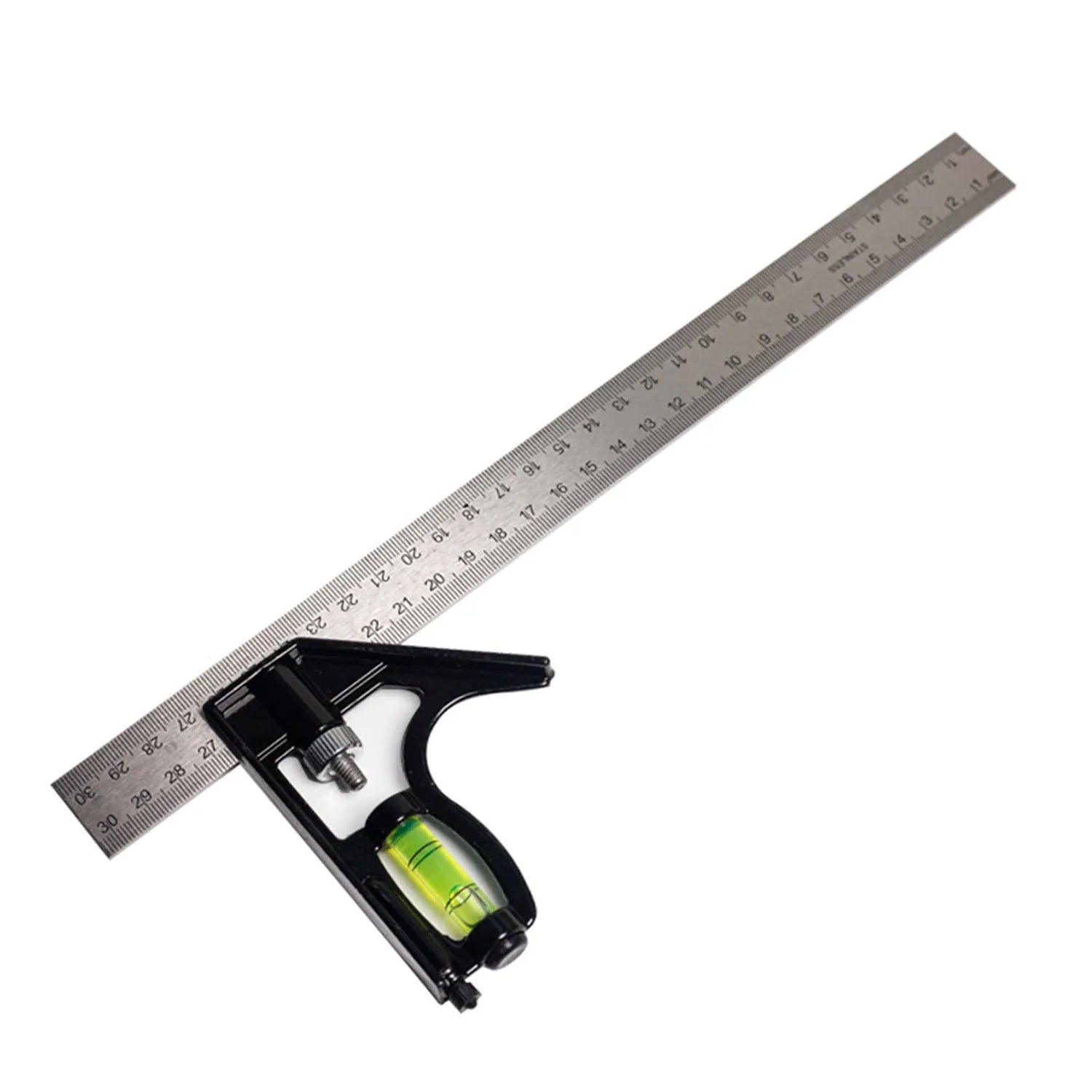 Two red metal combination angle rulers with metric markings in transparent protective bag