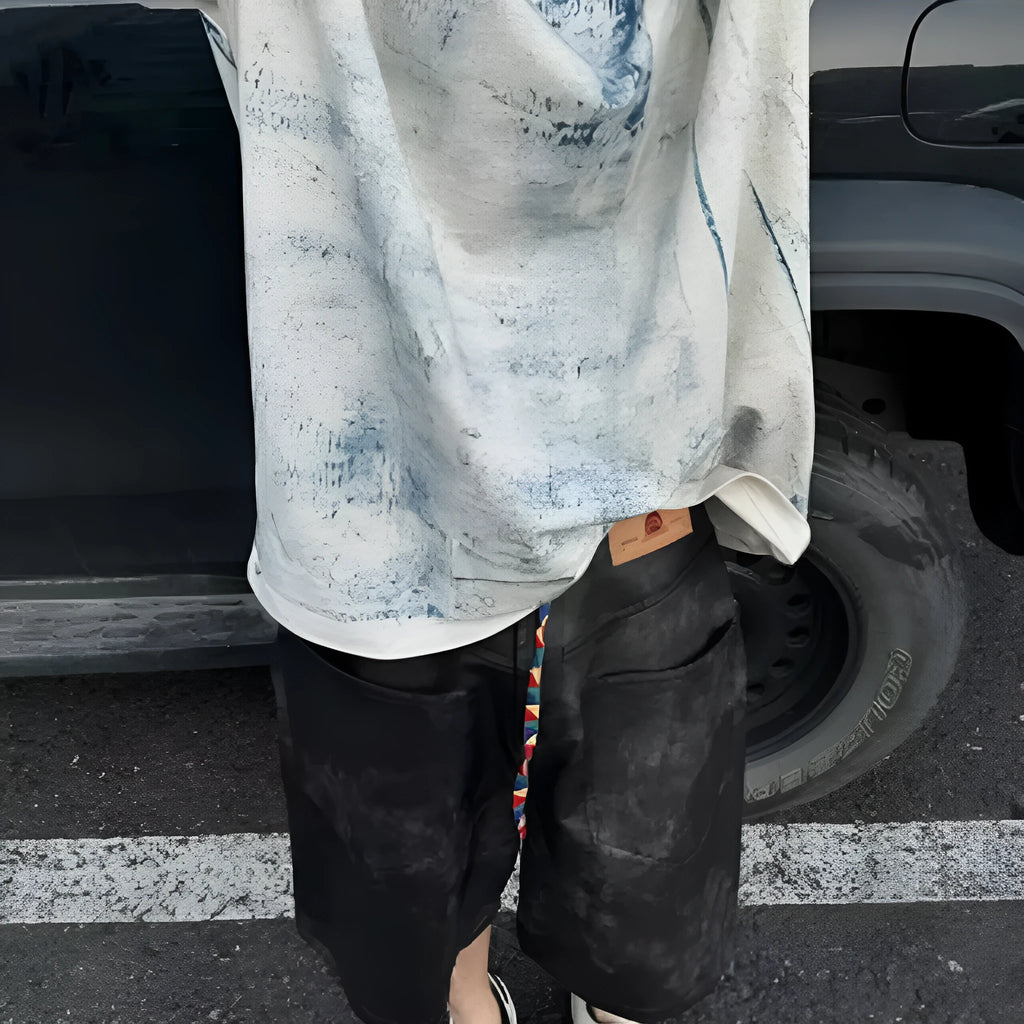 Korean style loose fit printed t-shirt with round neck and short sleeves in solid colour