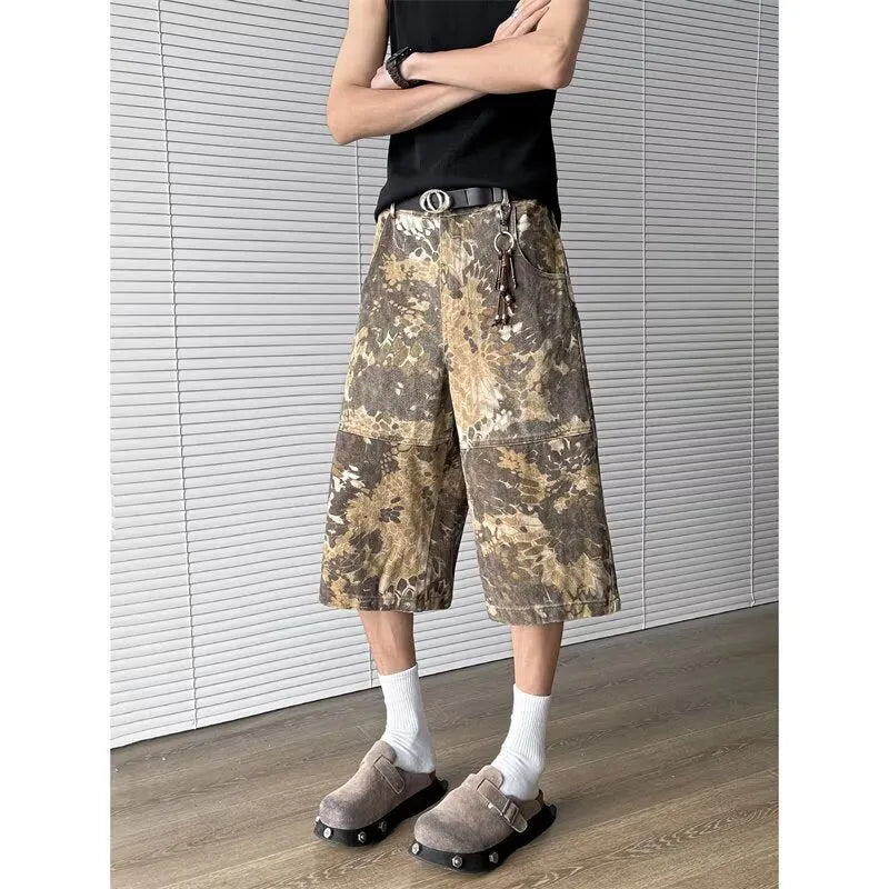Yellow women's jeans with snake camouflage pattern, cropped length, cotton denim fabric