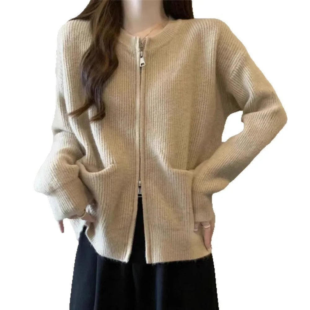 Beige soft wind glutinous sweater coat cardigan with long sleeves on hanger