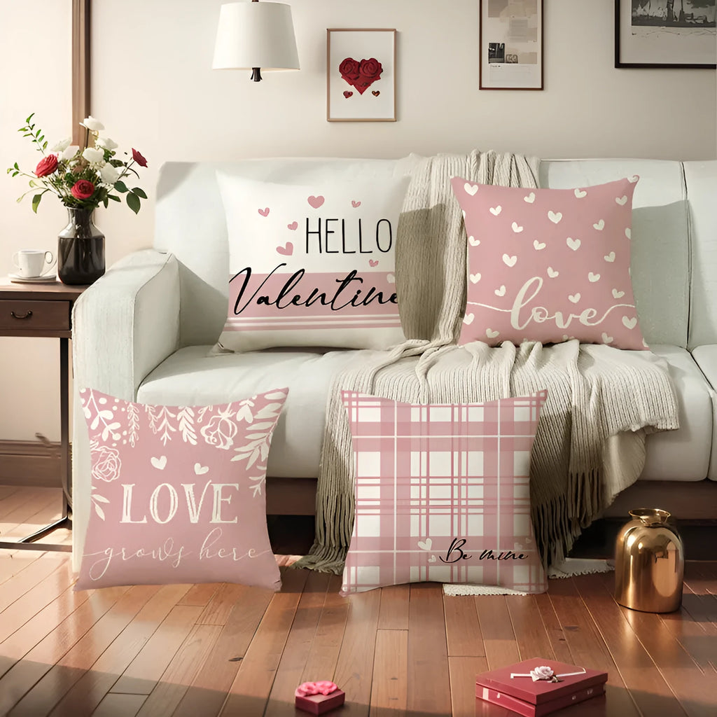 Red and black plaid heart printed square pillow cover on a sofa.