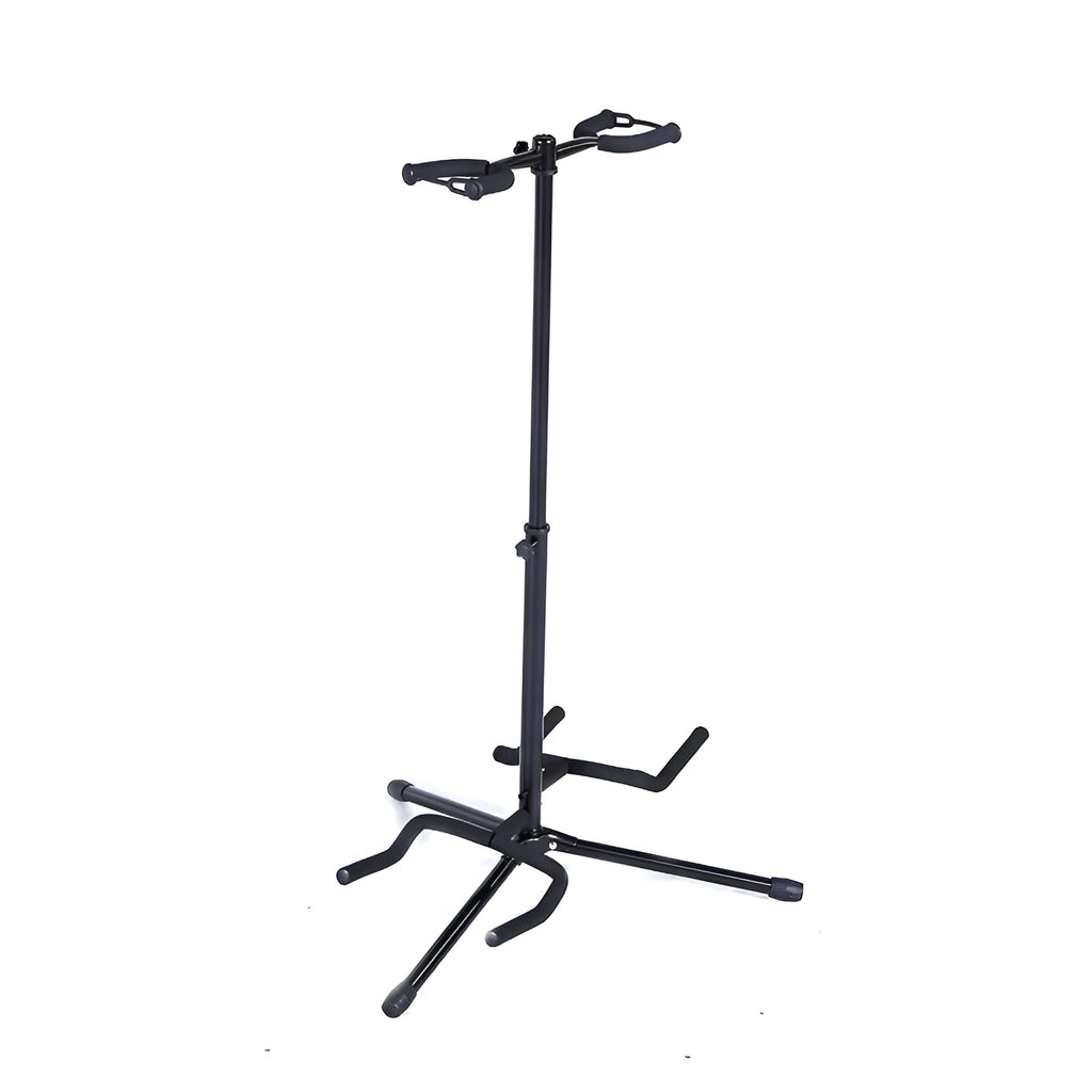 Black vertical double-headed adjustable guitar stand holding two guitars upright