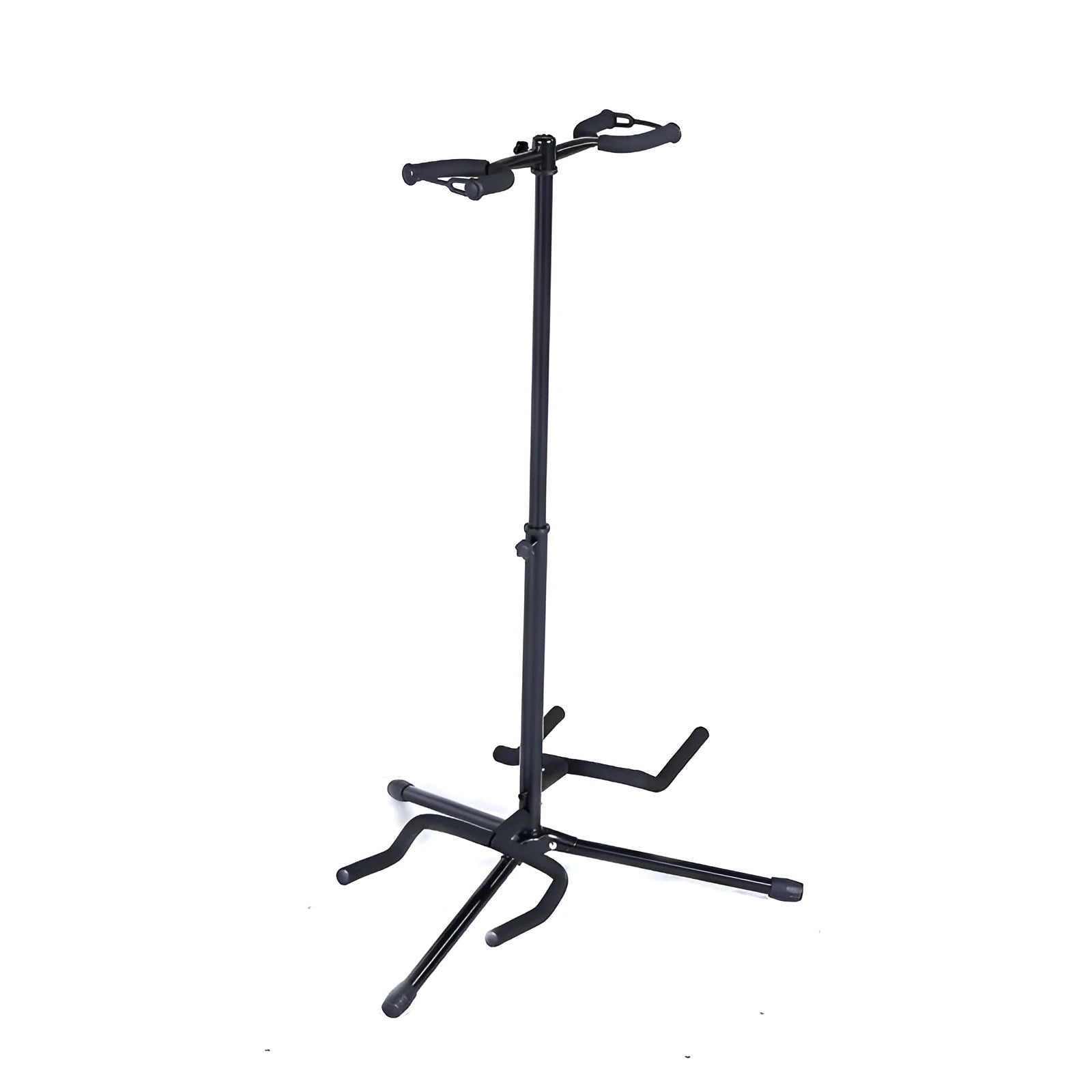 Black vertical double-headed adjustable guitar stand holding two guitars upright