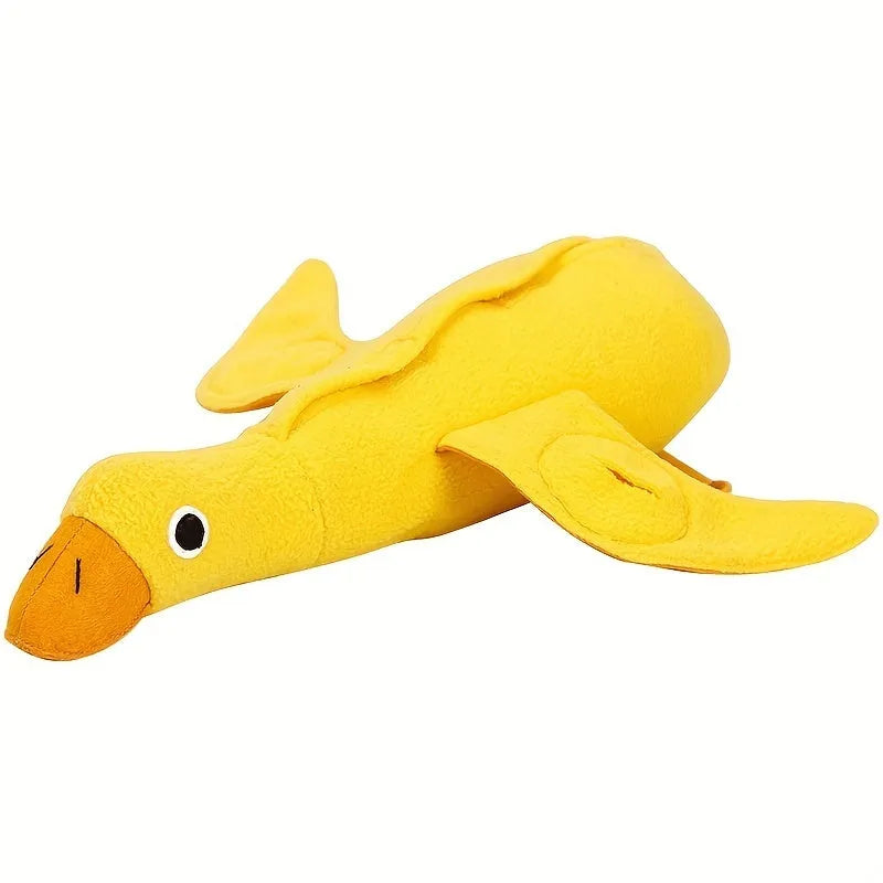 Yellow duck plush dog toy with a barking sound module for treat-dispensing play