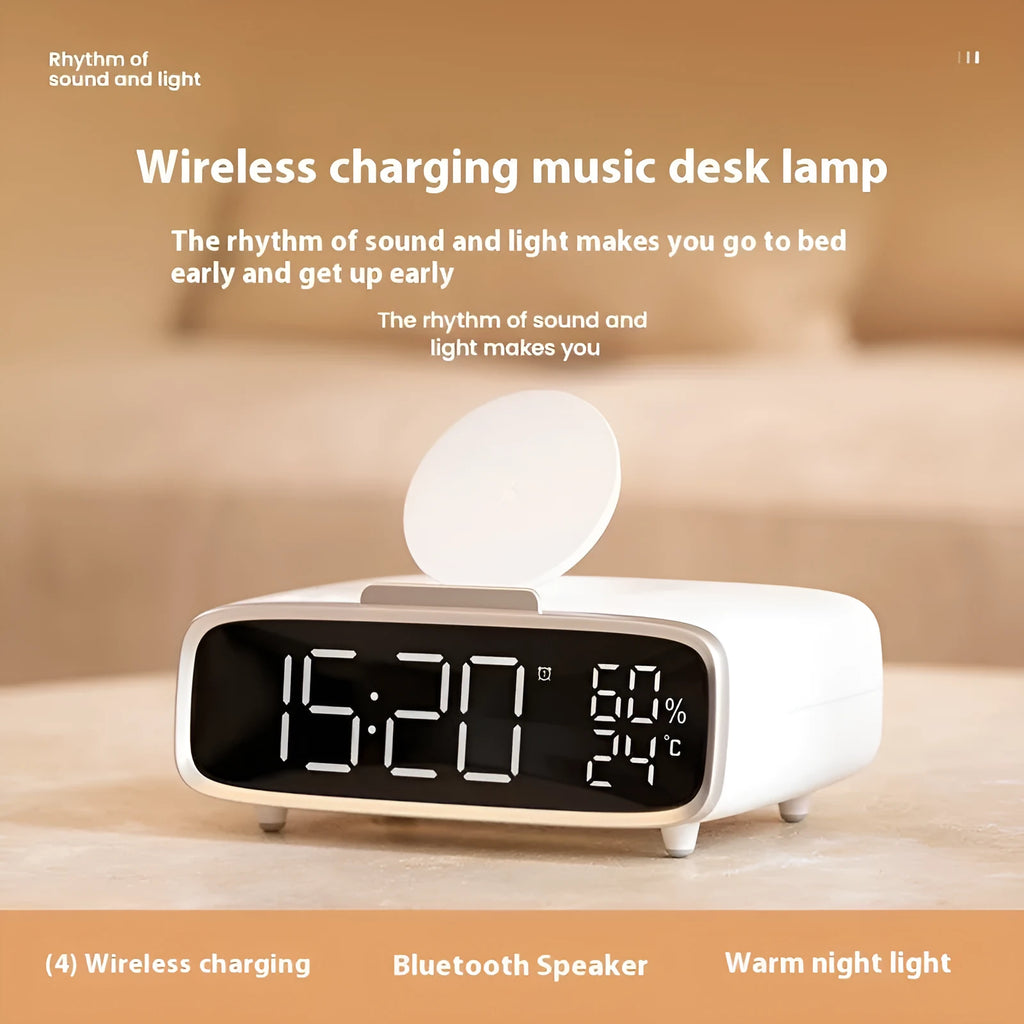 White wireless charging Bluetooth speaker with night light function on bedside table