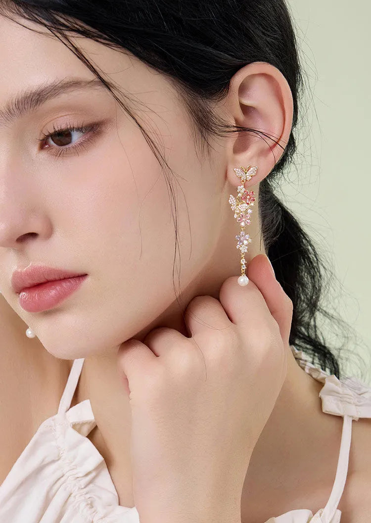 Butterfly flower detachable multicolor zircon pearl earrings with 925 silver needle stud or spiral clip on environmentally friendly brass