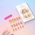 Simple fake nails with pink and white cartoon 3D flowers, shown with jelly glue tube and filing strip.