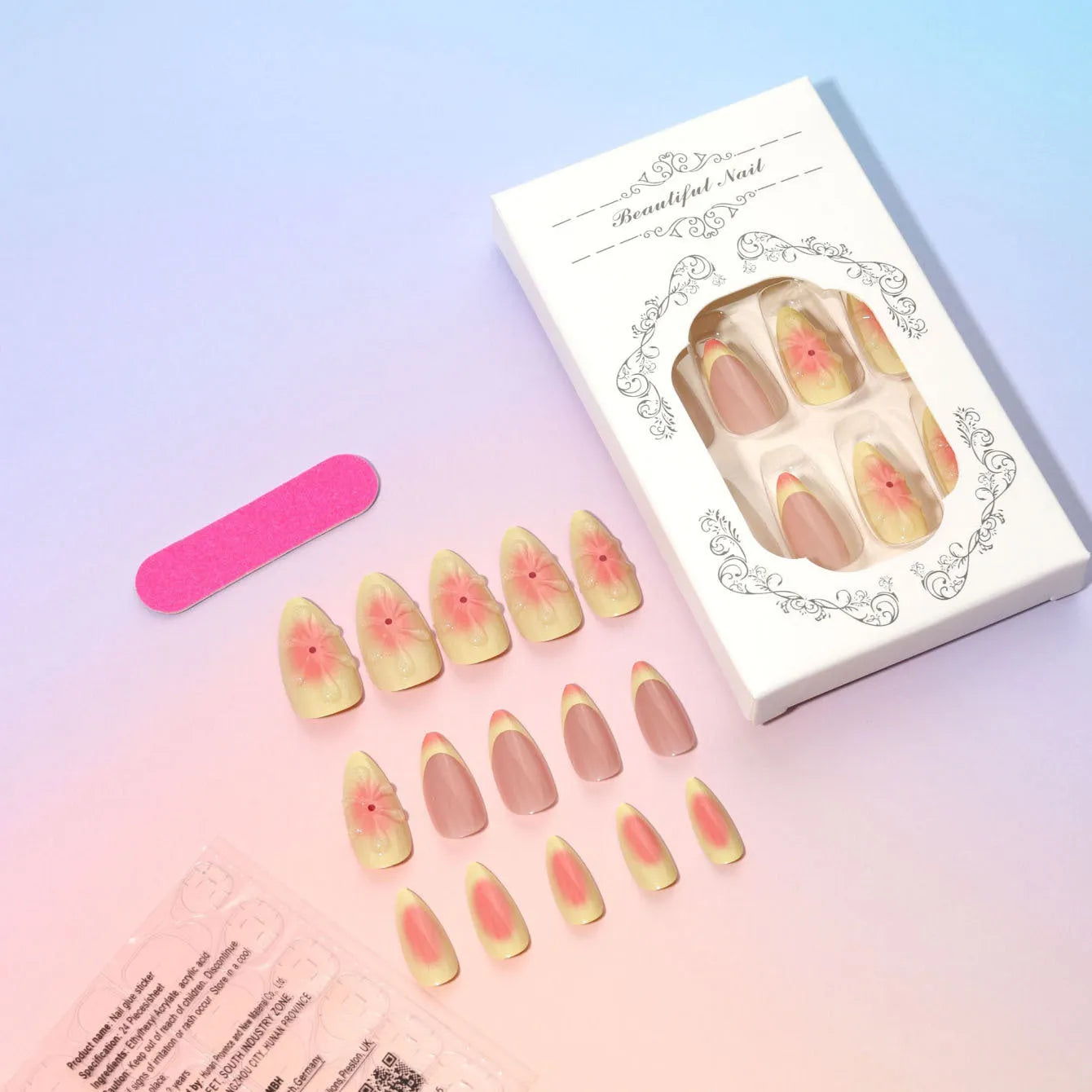 Simple fake nails with pink and white cartoon 3D flowers, shown with jelly glue tube and filing strip.