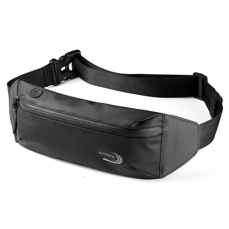 Men's black sports waist bag made from water-resistant Derm Oxford polyester, showing 45cm wide compact design