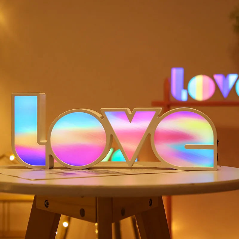 LED decorative light with rainbow lampshade displaying LOVE lettering for Valentine's Day decoration
