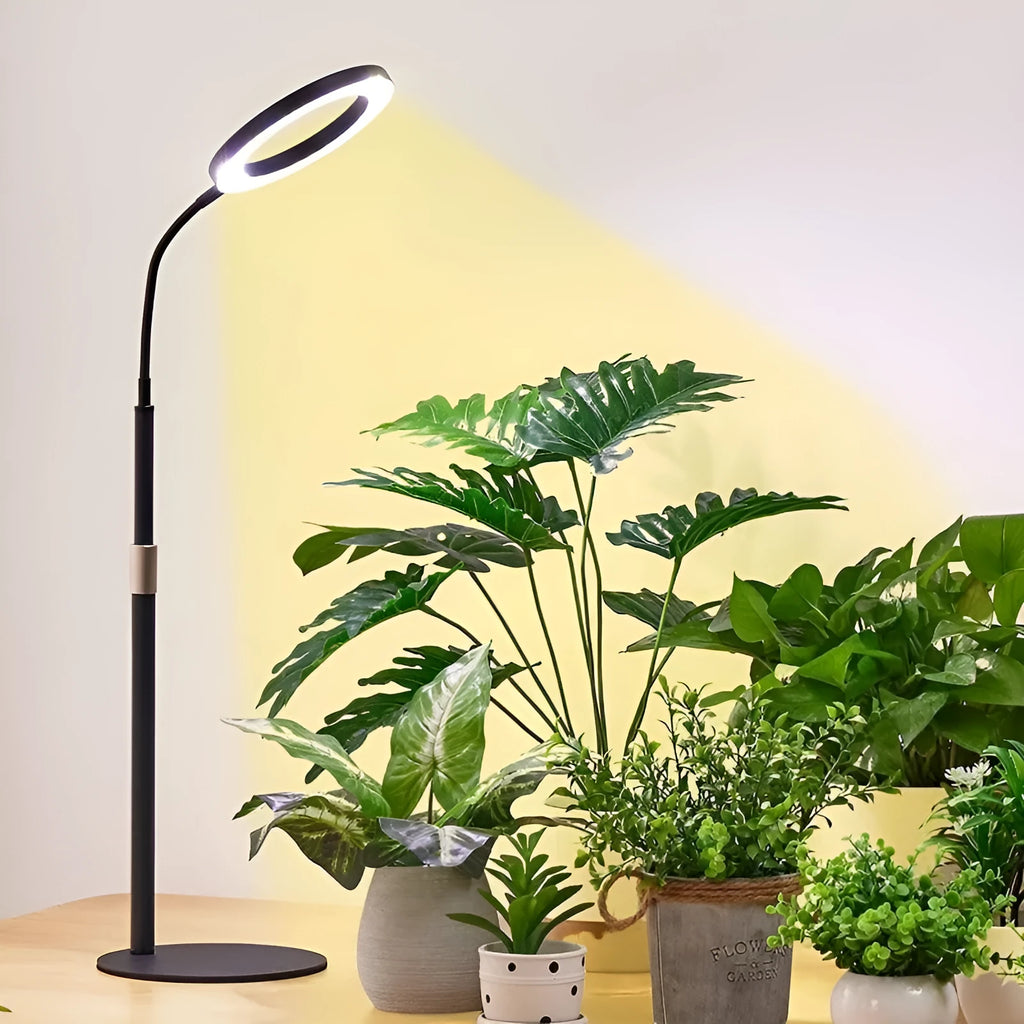 6-inch diameter angel ring LED plant grow light on a tall retractable floor stand