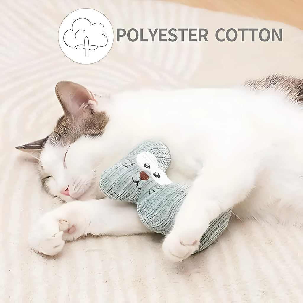 Cyan knitted plush cat toy with rope and bell, shown next to a light coffee colour option.