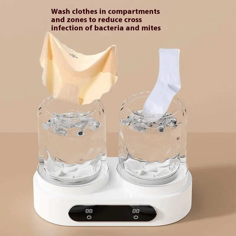 White double bucket mini washing machine with USB power connection for portable laundry use