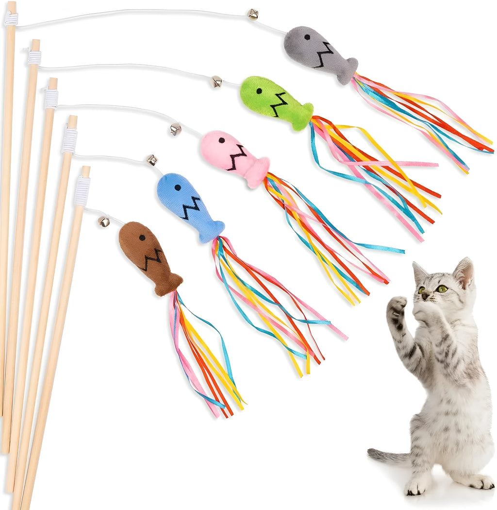 Cat wand toy with wooden handle, colourful ribbons, catnip fish and bell for interactive play with cats