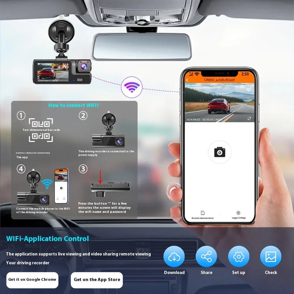 WiFi car dash cam with front and rear recording capability and 2.0-inch screen