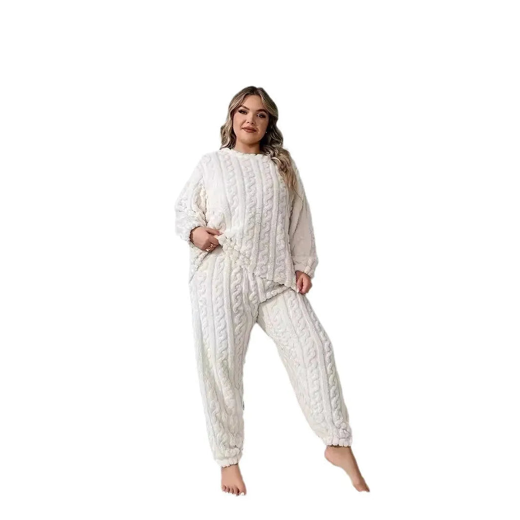 Women's milky white polyester lounge set with crew neck top and matching trousers