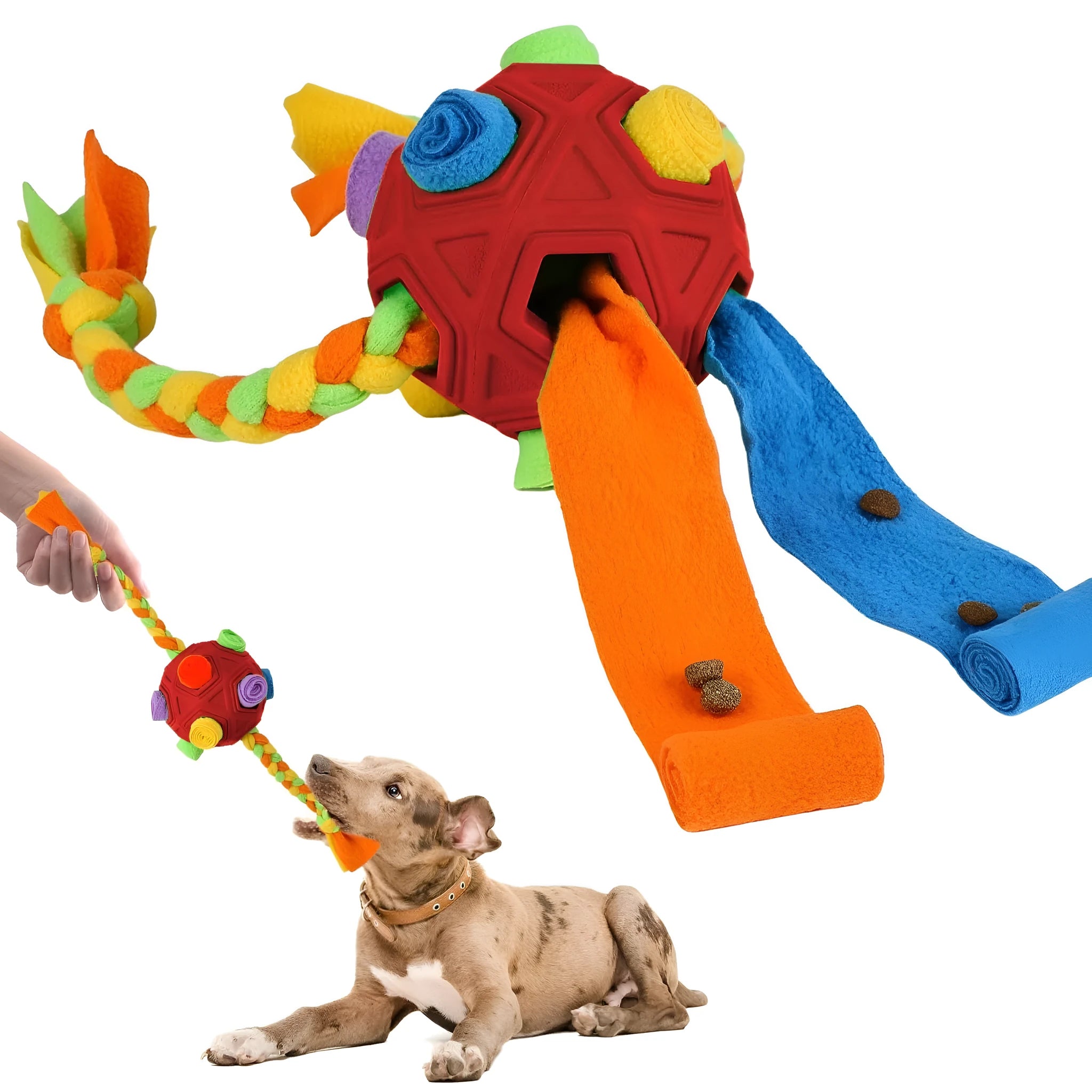 Dog puzzle ball toy with multiple openings for treat hiding, available in eight colours
