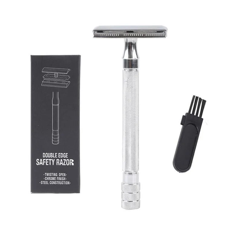 Traditional manual pogonotomy metal shaver and brush set for old-fashioned wet shaving
