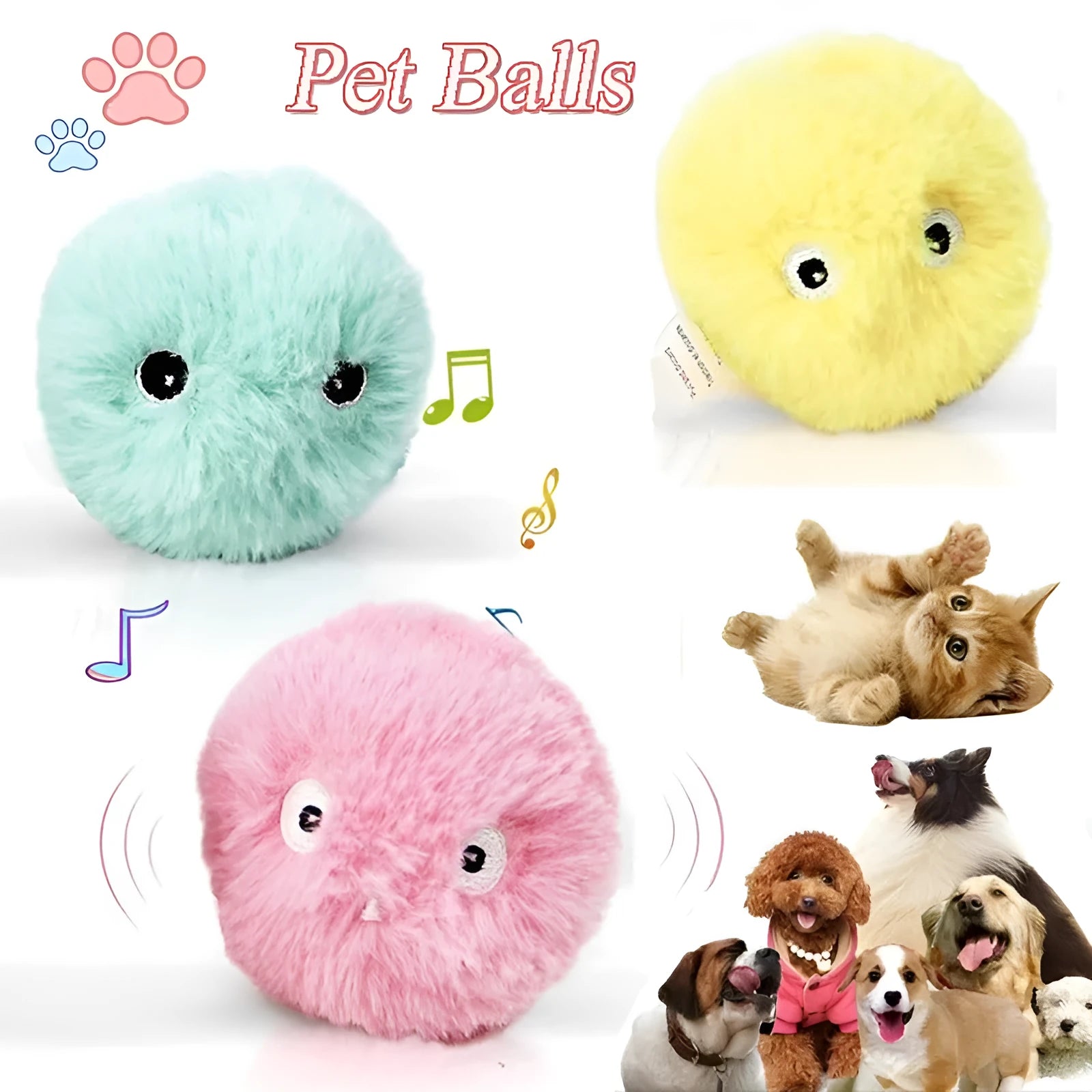 Interactive cat toy ball in blue, pink and yellow colours with animal sounds and touch trigger