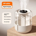 Beige round USB-powered humidifier with dual spray nozzles, night light, and display panel.