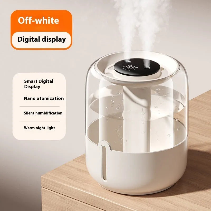 Beige round USB-powered humidifier with dual spray nozzles, night light, and display panel.