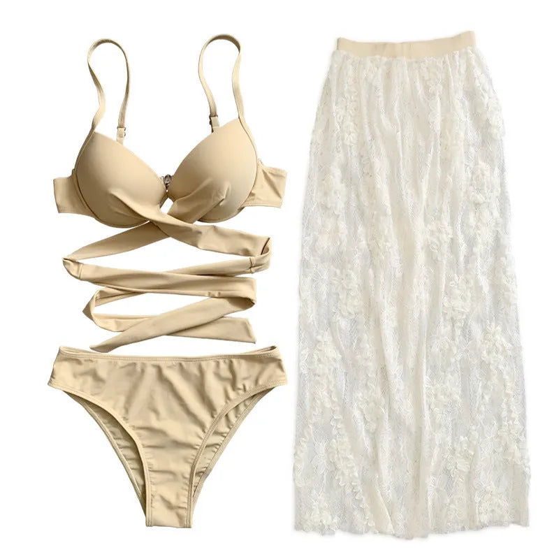 Three-piece backless push-up bikini set in white with skirt included
