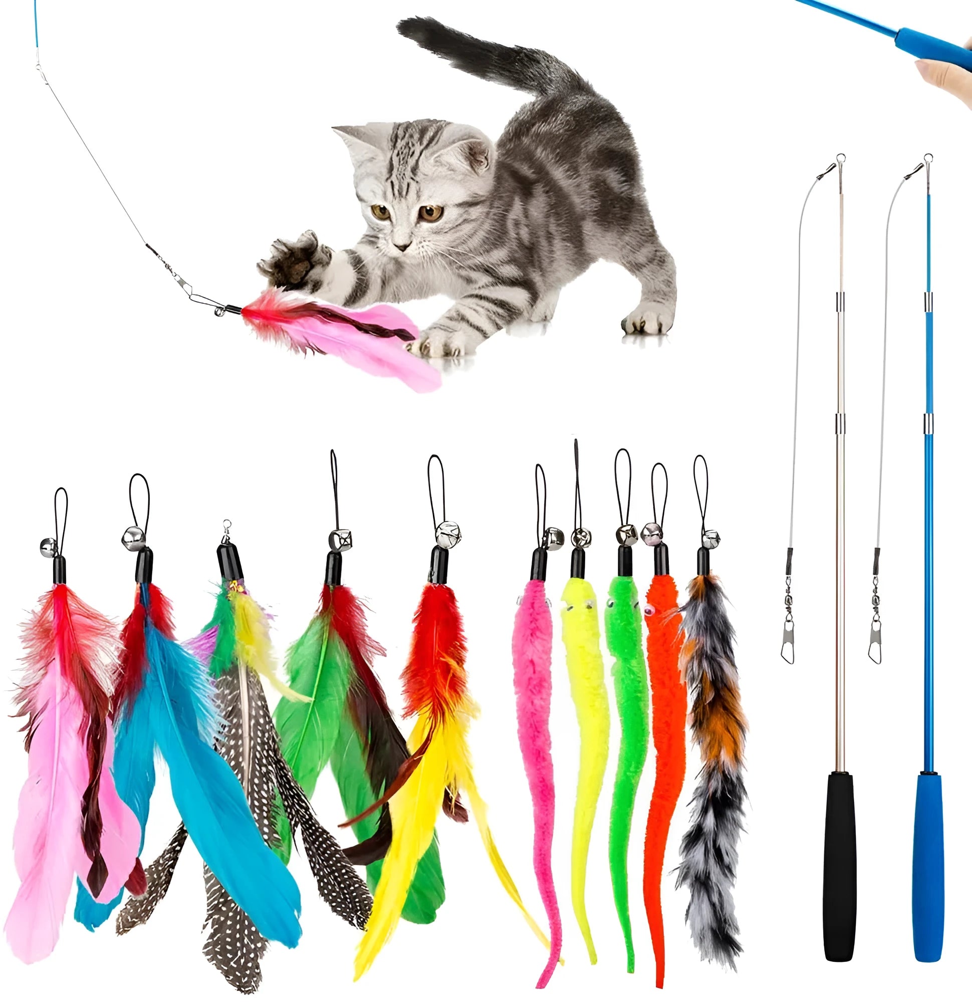 Cat teasing pole set showing two handheld fishing rods with feather replacement heads