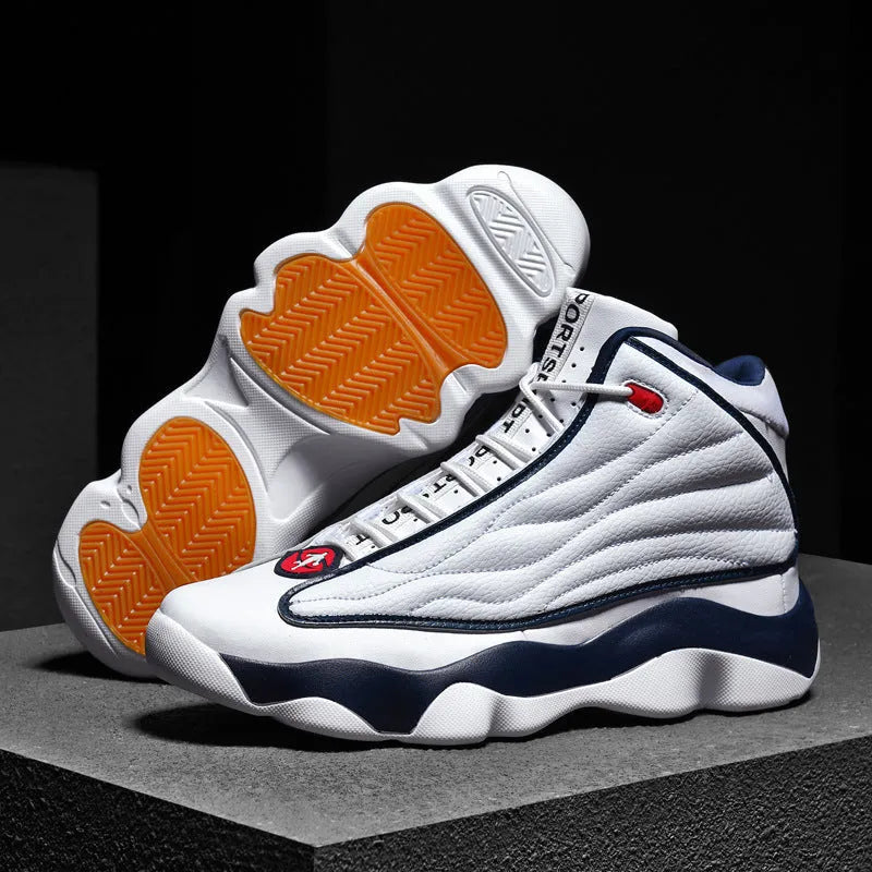 Men's high-top basketball shoes in AJ13 colourways with mesh upper and rubber sole.