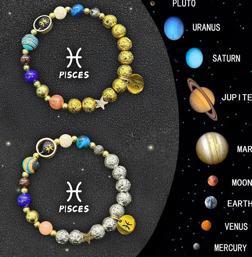 Set of twelve natural stone beaded bracelets, each with a different zodiac sign design, on an elastic string.