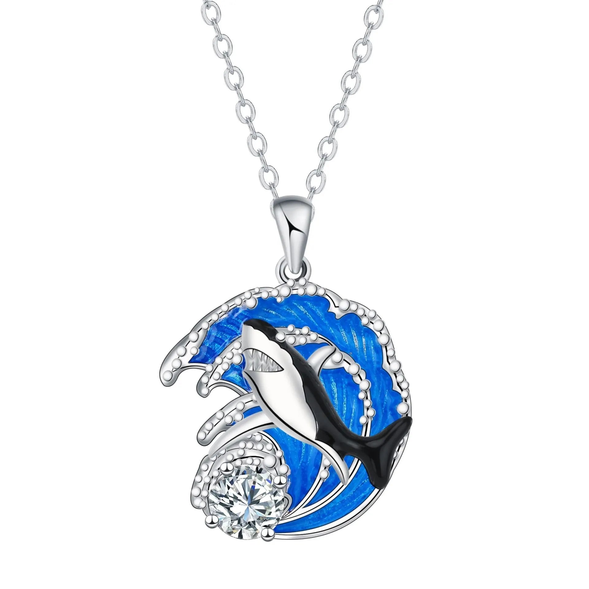 Shark necklace women's jewellery with copper animal pendant on cross chain, silver-tone finish
