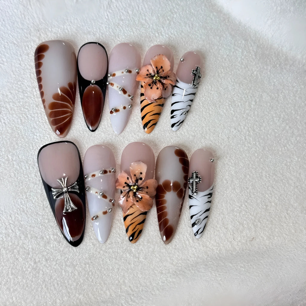Handmade leopard print French style press-on nail tips with cross and floral patterns
