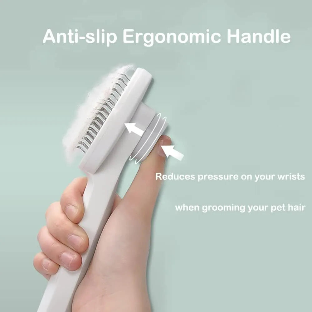 Blue self-cleaning cat grooming brush with rubber handle and metal pins, shown removing fur.