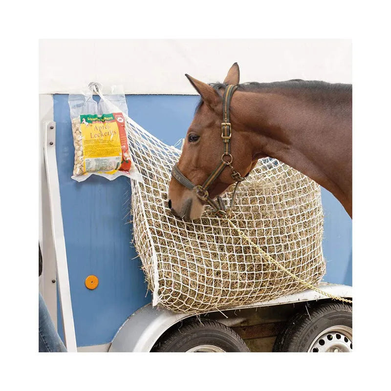 Woven PE rope feeding bag with grid design for horses and cattle in agricultural setting