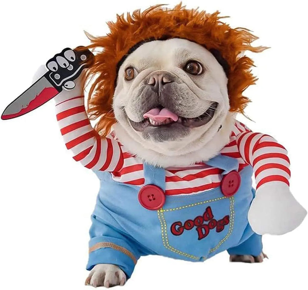 Halloween striped harness pants and bandana 3-piece costume set for dogs and cats with knife accessory