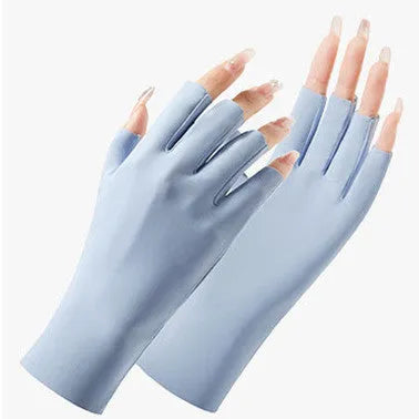 Women's thin nylon sunscreen gloves with ice silk cooling in various colours on a hand.