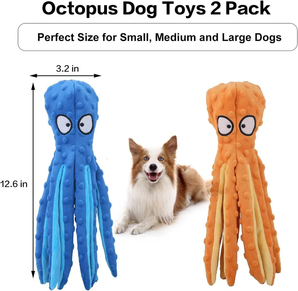 Blue, green, orange, and purple octopus-shaped dog squeaky toys with no stuffing on a white background.