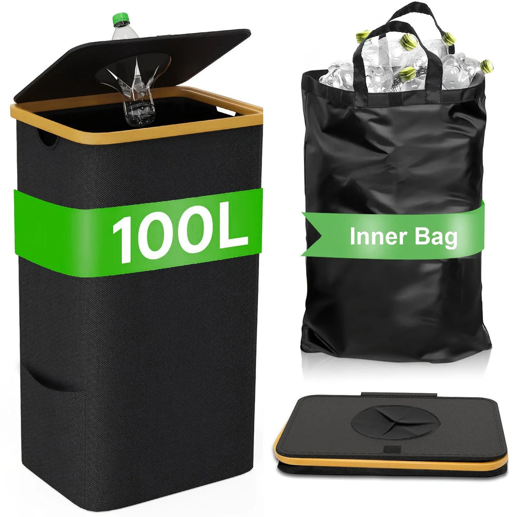 Black bamboo pattern laundry basket with removable lid showing ventilation holes and interior double pockets
