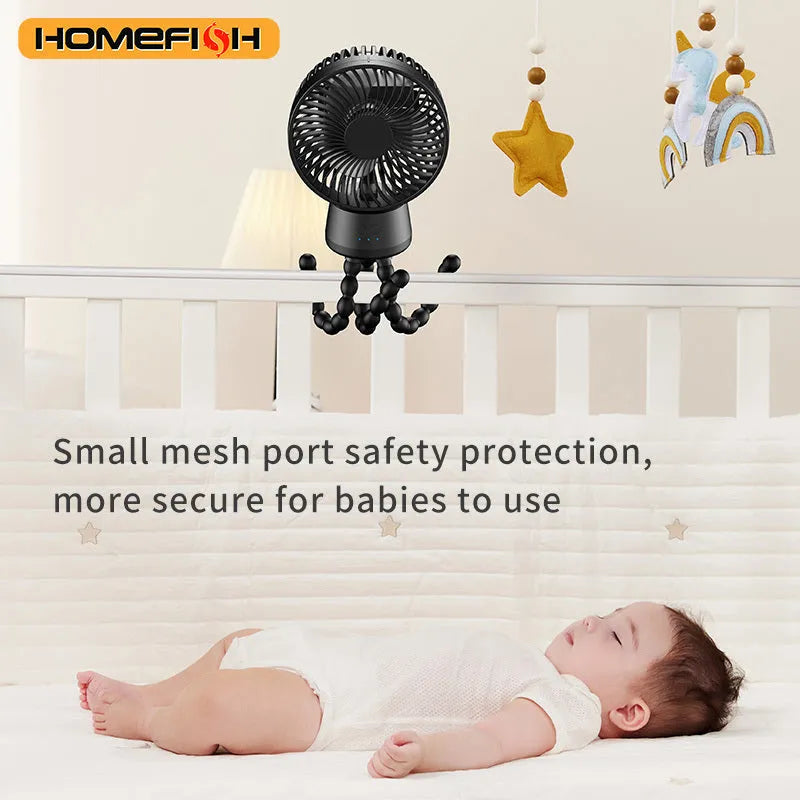 HOMEFISH F2 automatic shake head fan with LED light and removable bracket on a table.