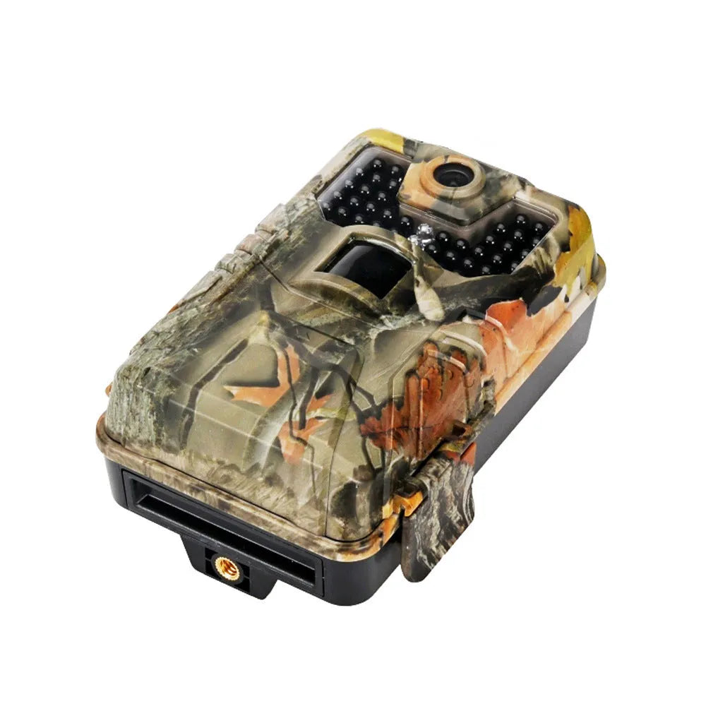 Compact camouflage outdoor hunting camera with infrared LEDs and lens