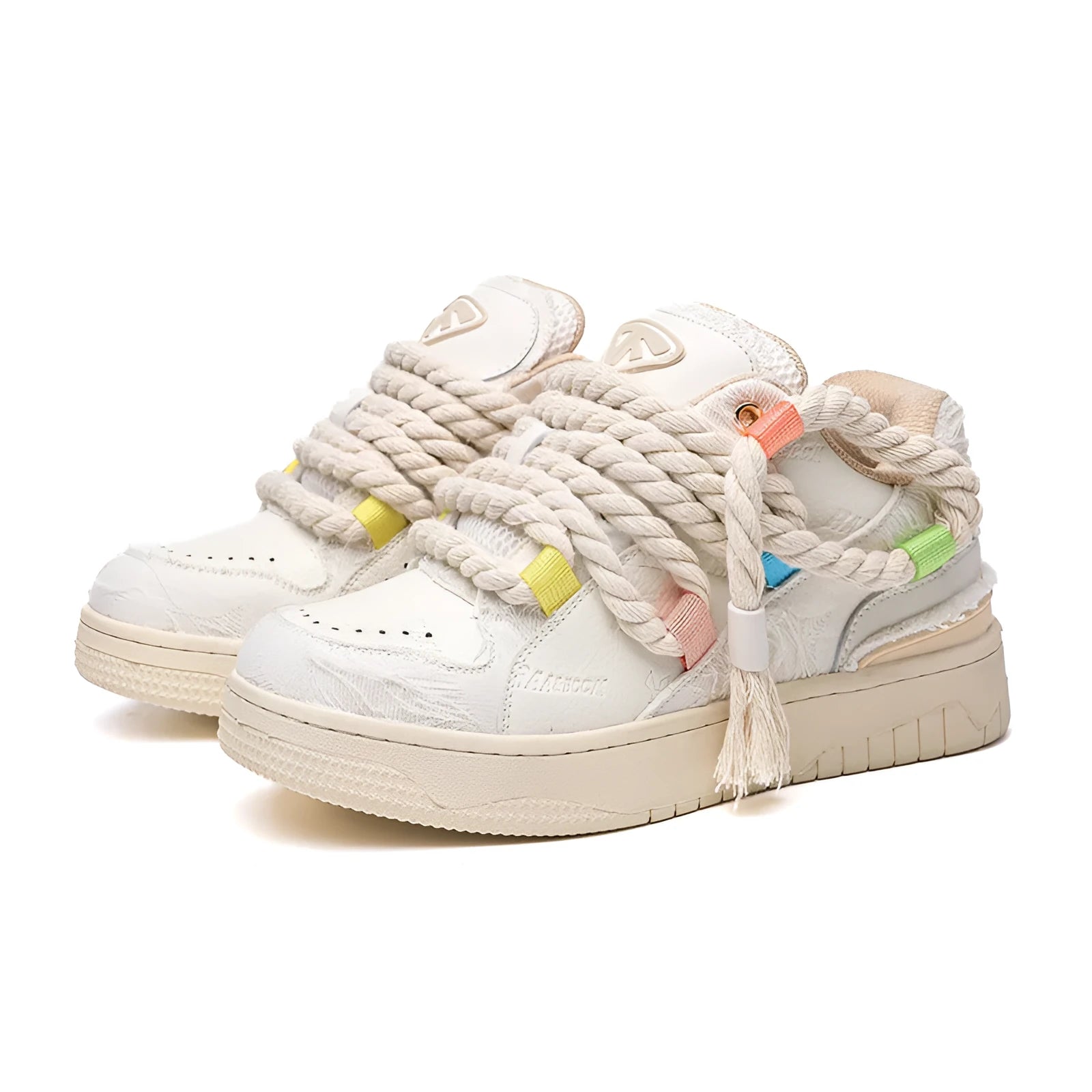 Cream white retro lace-up skateboard shoes with platform sole on a plain background