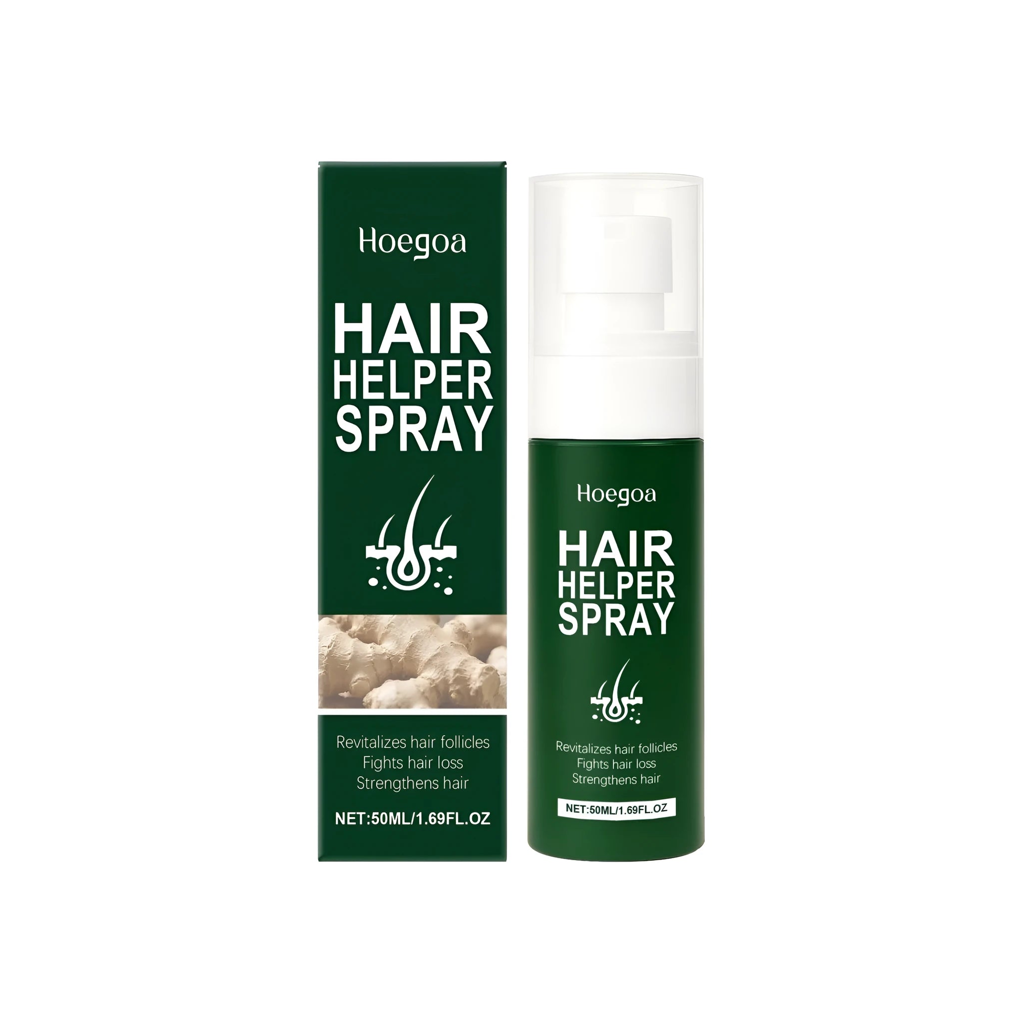 50ml bottle of Secret hair thickening spray with botanical extracts including ginger and fo-ti.