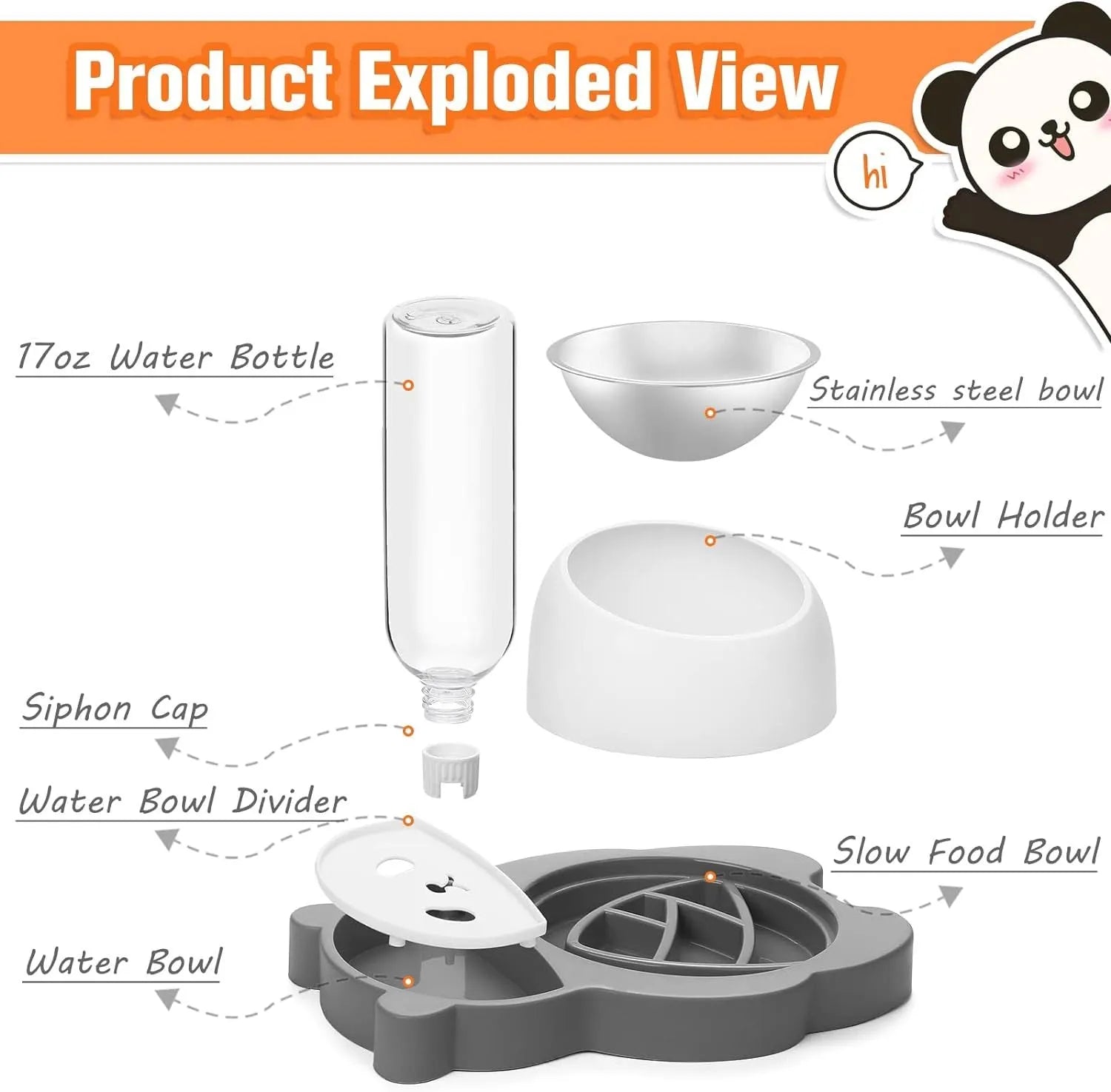 Grey panda-shaped tilted pet bowl set with automatic water bottle and stainless steel bowls
