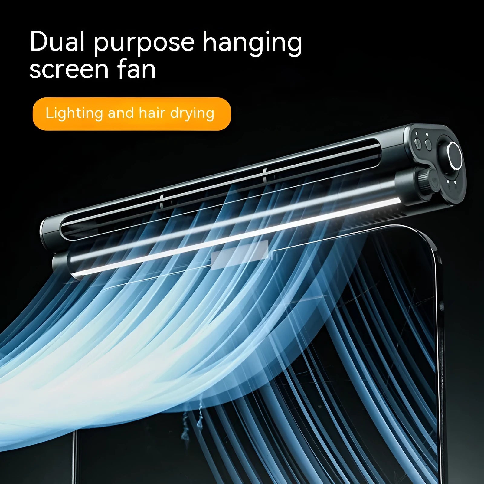 Black bladeless USB desk fan with an integrated lamp, shown clipped to the top of a laptop screen.
