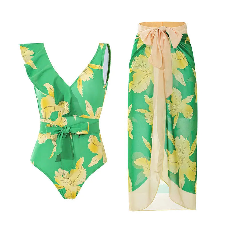 Women's solid colour one-piece swimsuit with spaghetti straps and matching skirt